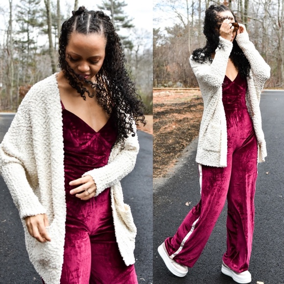 FAME VELVET STRIPE TRACK BURGUNDY JUMPSUIT - Picture 4 of 7